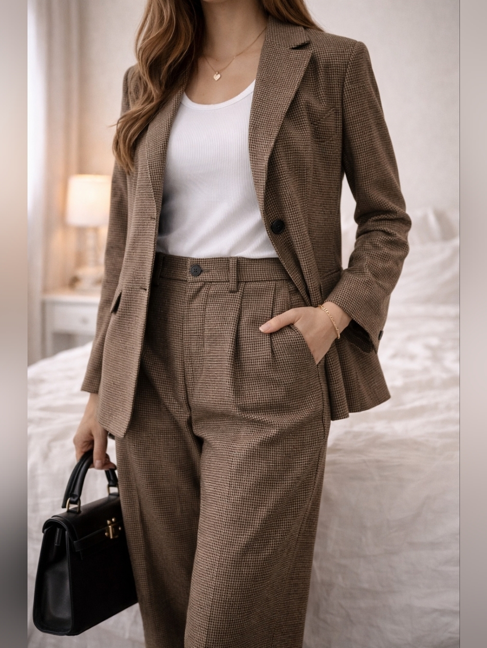 Vintage Lambswool Houndstooth Suit Set Brown Blazer Pants Size 10 Classic Office